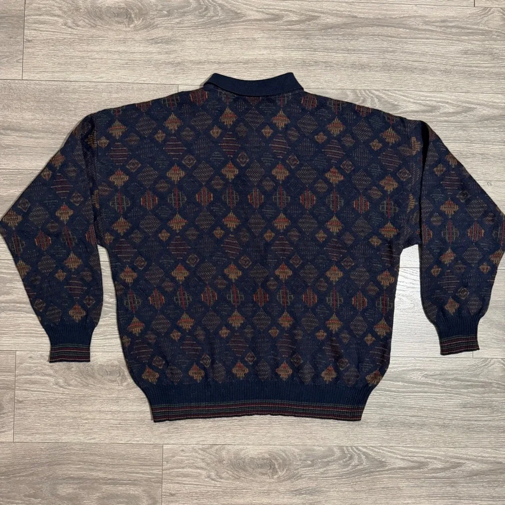 Vintage 80s The Italian Sweater Men L Wool Blend Navy Diamond Knit Polo Sweater